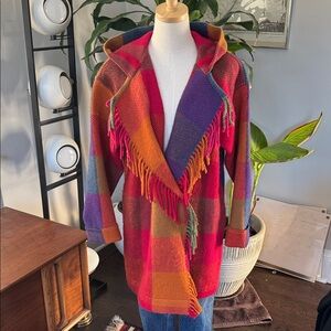 Vintage Colorful wool Plaid Hooded shacket with Fringe